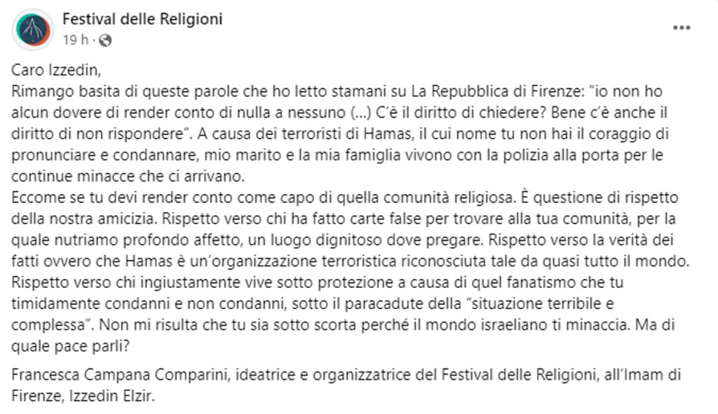 La moglie del console di Israele critica l’imam: “Non mi risulta tu sia sotto scorta”