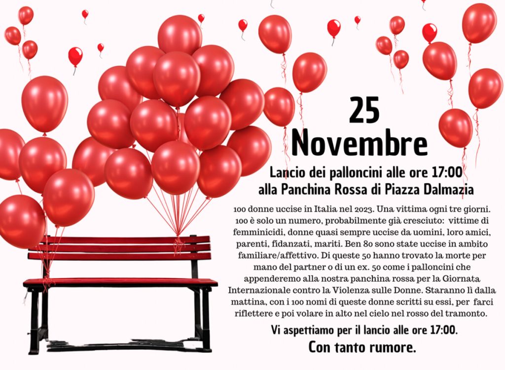 Lancio dei palloncini rossi alla panchina di Piazza Dalmazia per la Giornata internazionale contro la violenza sulle donne