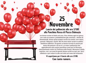 Lancio dei palloncini rossi alla panchina di Piazza Dalmazia per la Giornata internazionale contro la violenza sulle donne