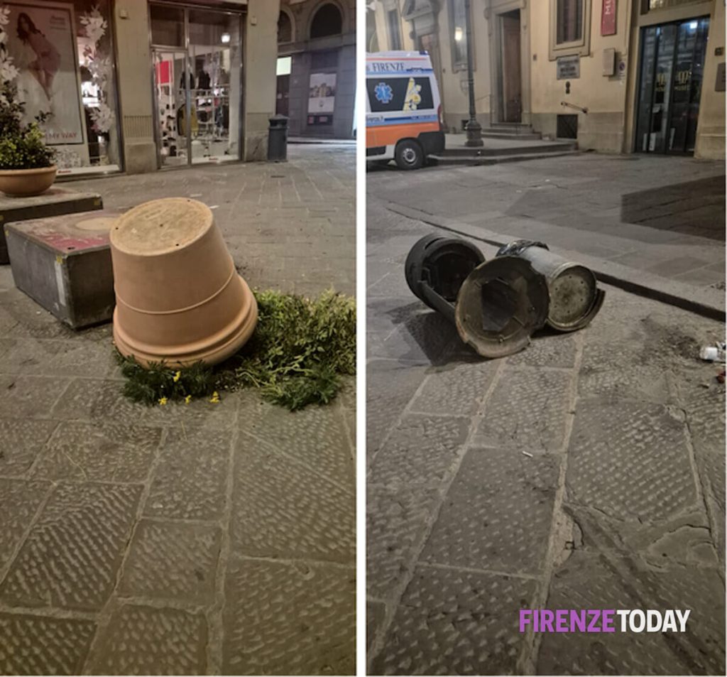 Vandalismo in pieno centro: divelti cestini e vasi di fiori / FOTO