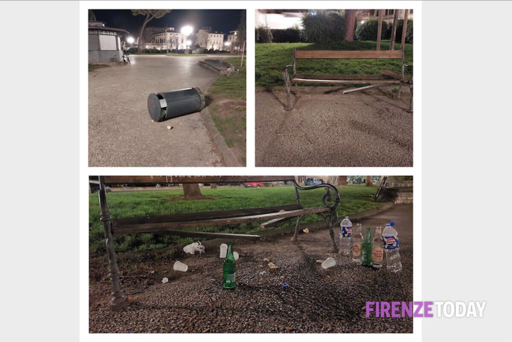 Vandalismo nella piazza della 'Firenze bene': panchine rotte, bottiglie di vetro, cestini rovesciati / FOTO