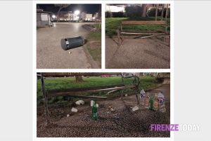 Vandalismo nella piazza della 'Firenze bene': panchine rotte, bottiglie di vetro, cestini rovesciati / FOTO
